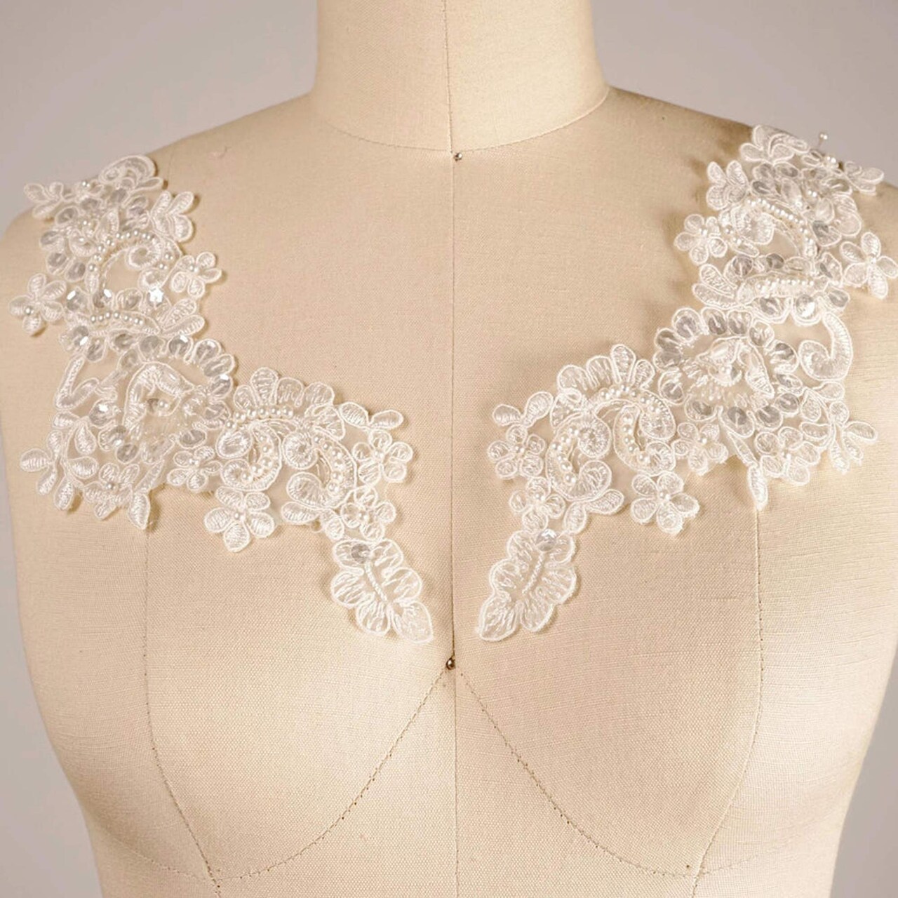 1 Pair Ivory Beaded Lace Appliques Bridal Dress Embellishments with Sequins & Pearls for Wedding Gowns